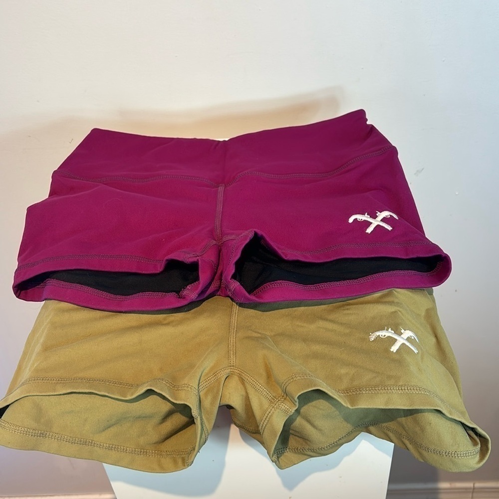 HVIII brand two pairs, yoga shorts, olive green/magenta size L, size 6